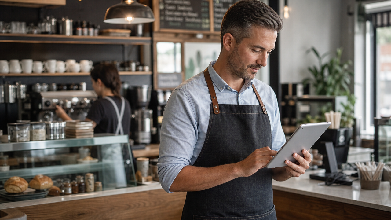Café manager reviewing staff timesheets on a tablet at the counter of a coffee shop