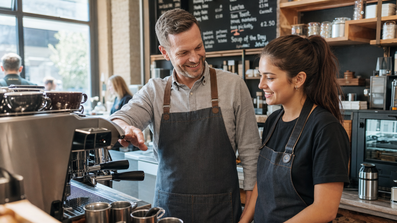 A cafe manager welcoming a new hourly employee on their first shift and showing them the coffee machine behind the counter