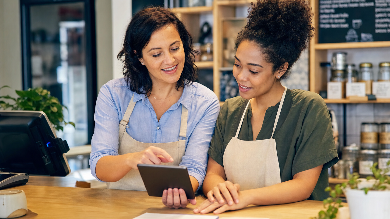 Store manager onboarding a new hourly hire with a tablet at the counter