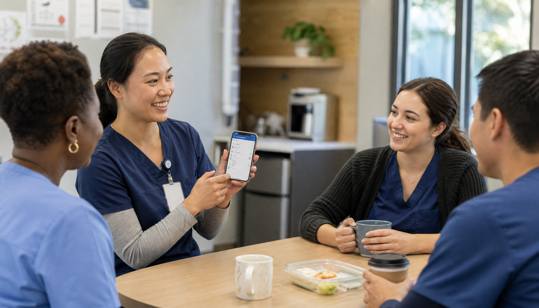 Healthcare team in a break room, one team member checking a leave request on their smartphone
