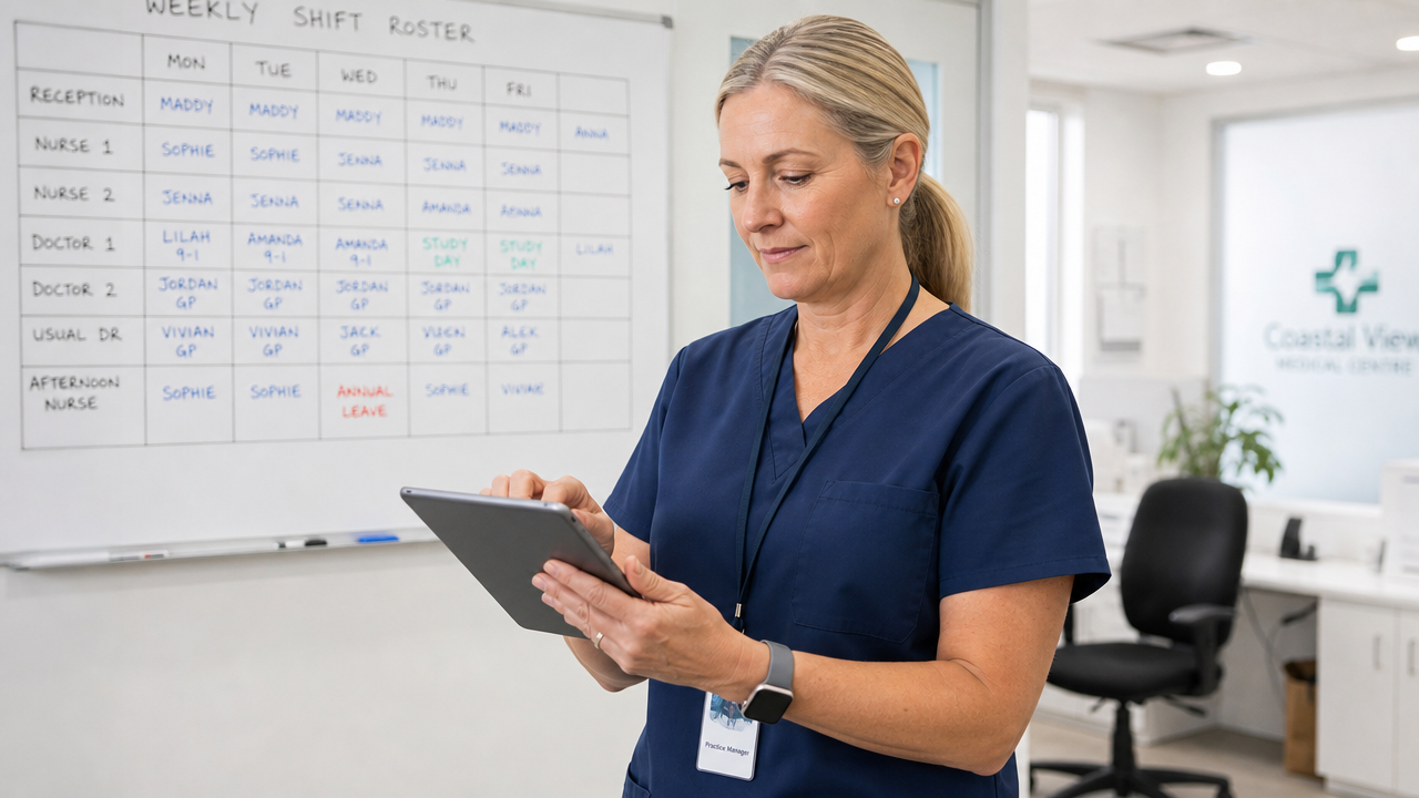 A healthcare practice manager in scrubs reviewing a digital roster on a tablet in a modern medical clinic