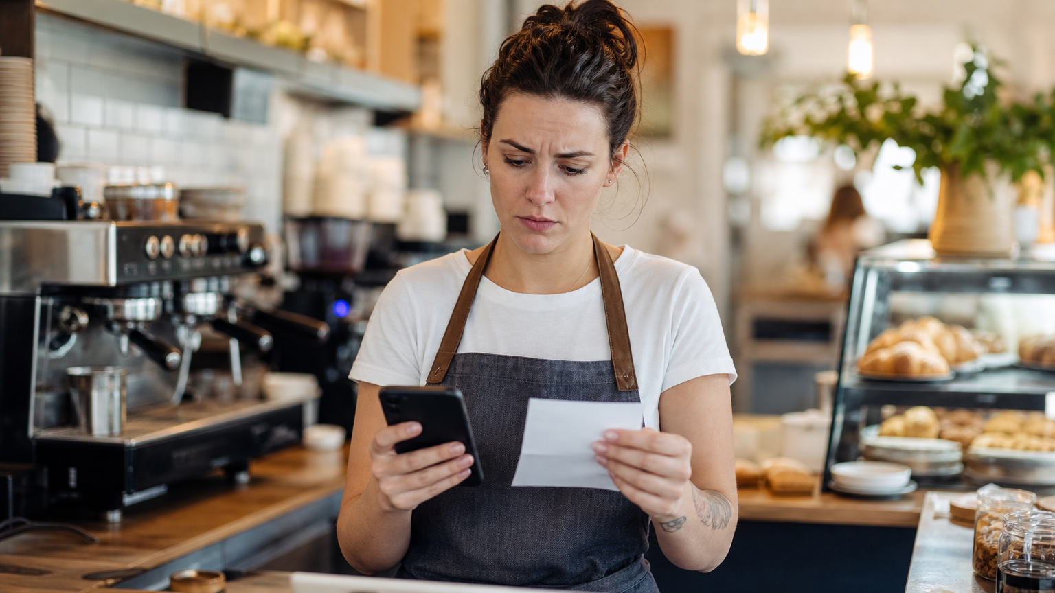 A cafe worker checking their payslip on a phone with a concerned expression behind the counter