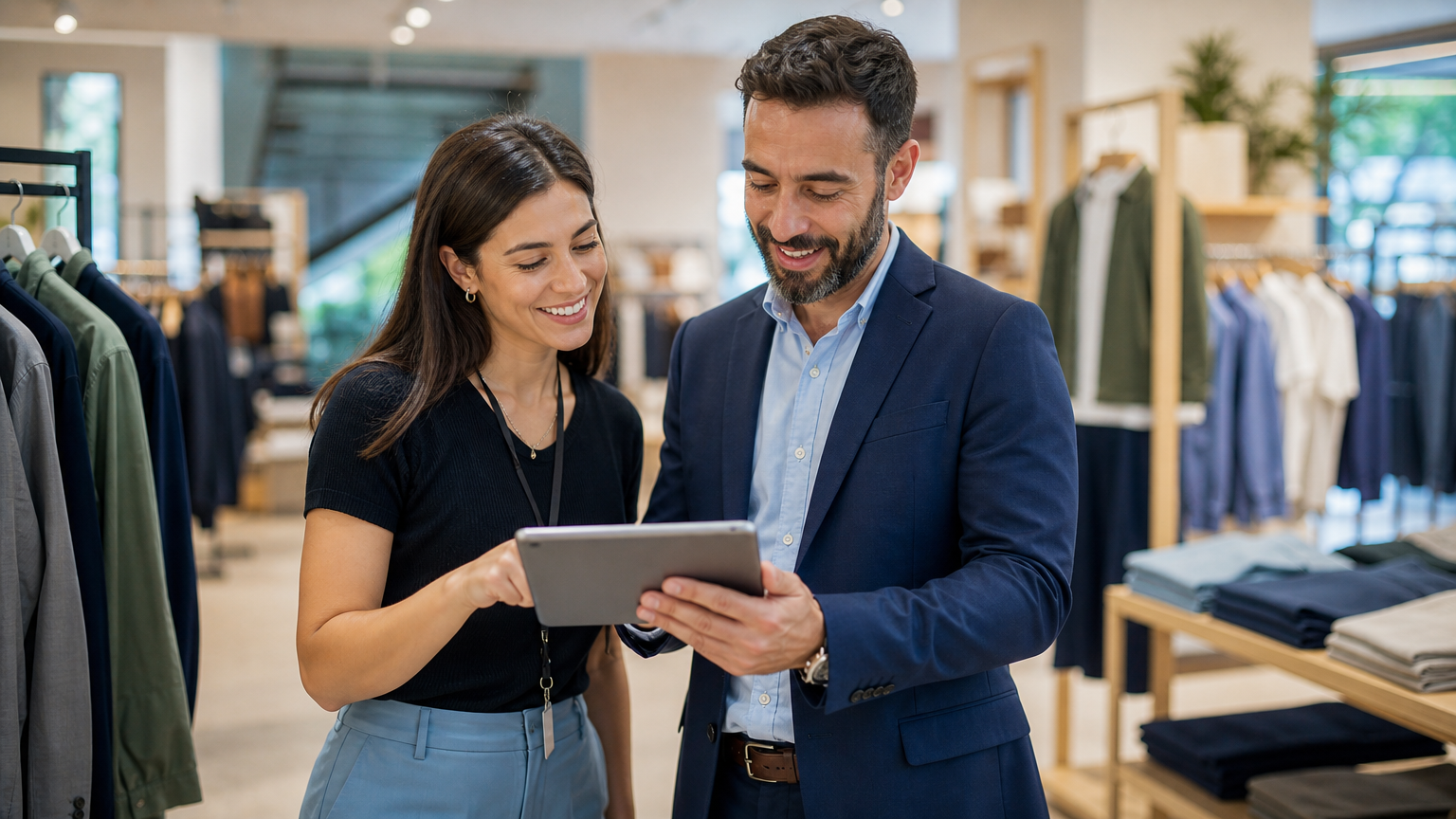 Retail store manager and sales associate reviewing a weekly staff schedule on a tablet on the sales floor