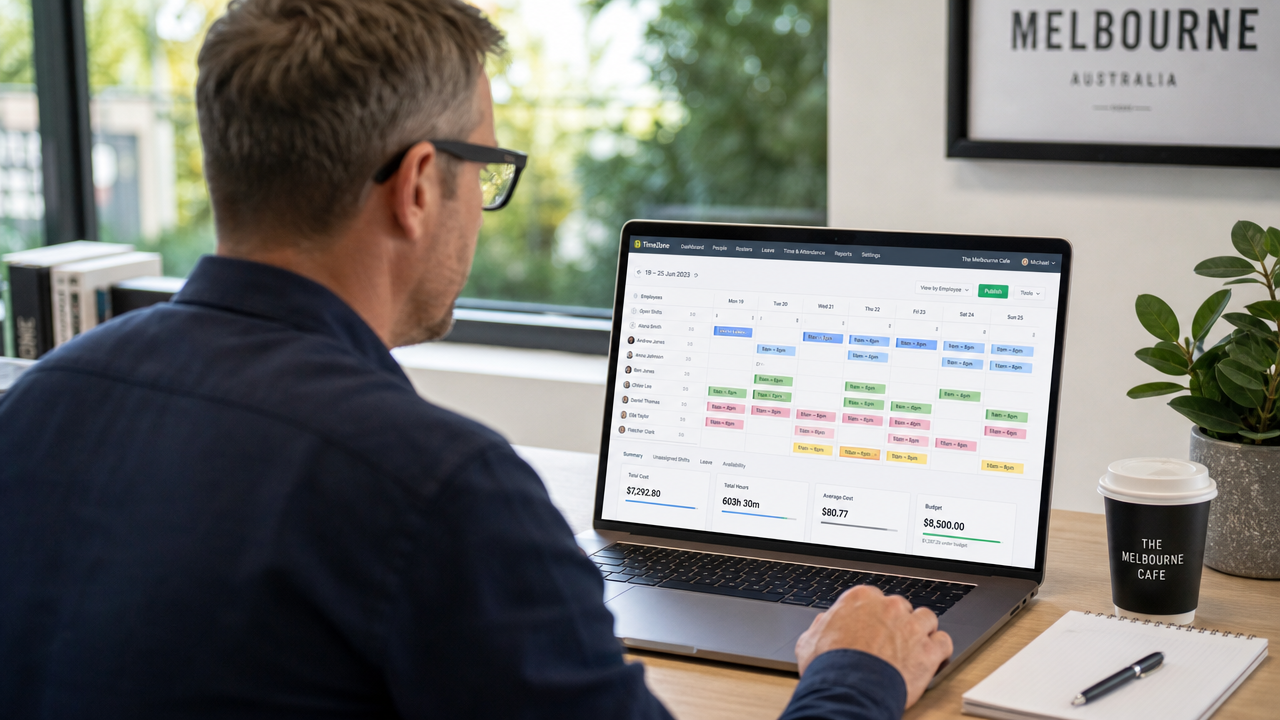 A business owner reviewing employee shift schedules and labour costs on a laptop dashboard