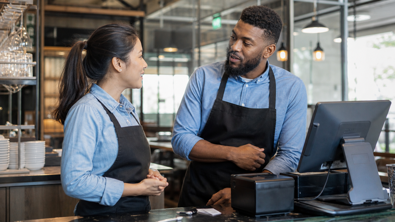 Two restaurant coworkers talking near the POS about covering a shift after a call-out