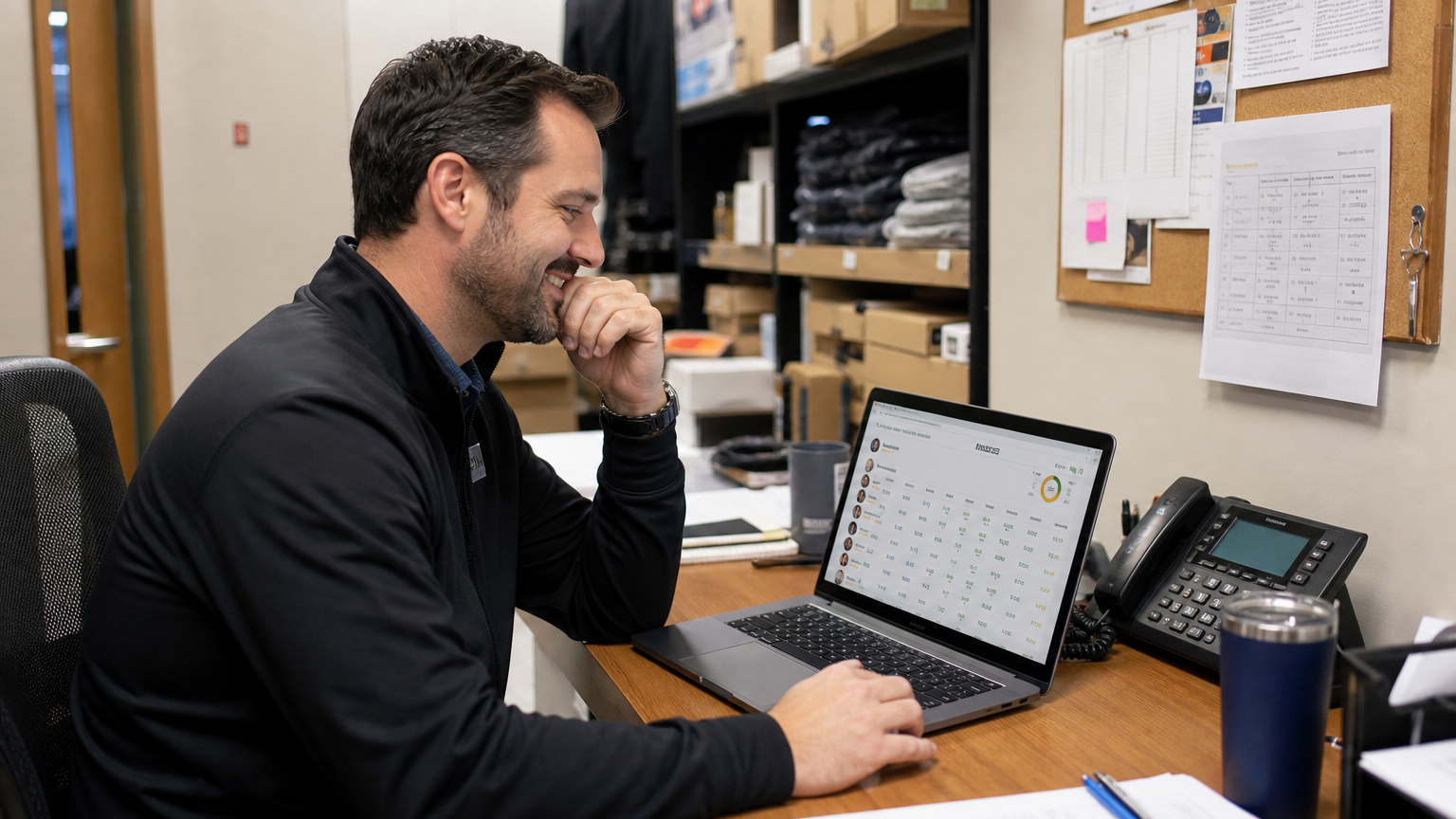 Retail store manager reviewing employee hours on a laptop before payroll
