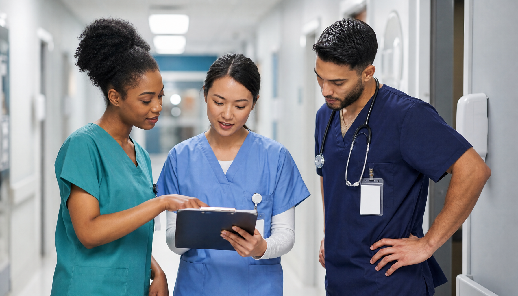 A team of nurses during a shift handover reviewing schedules in a hospital corridor