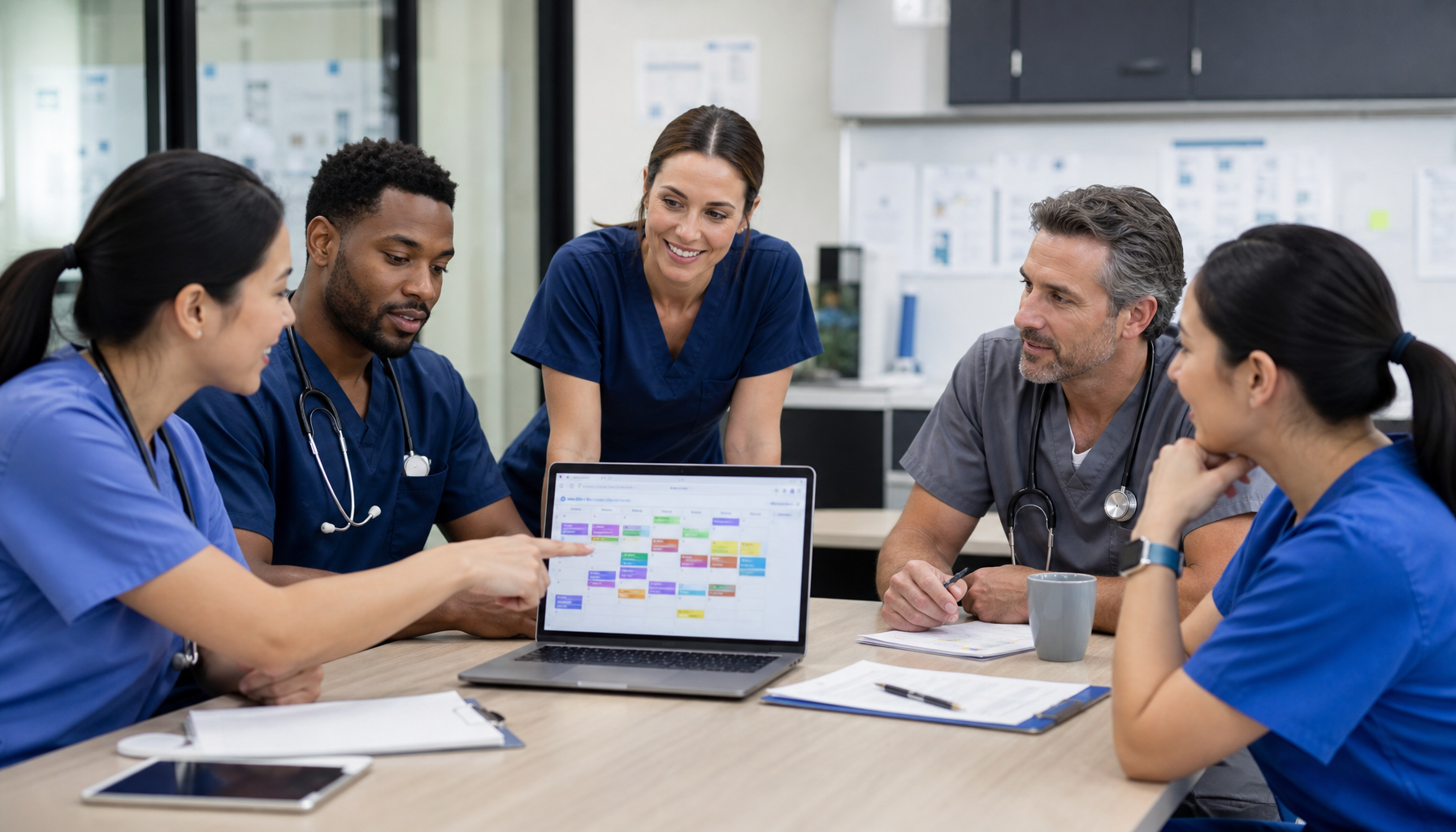Healthcare team discussing shift preferences around a desk with a laptop showing a shift calendar