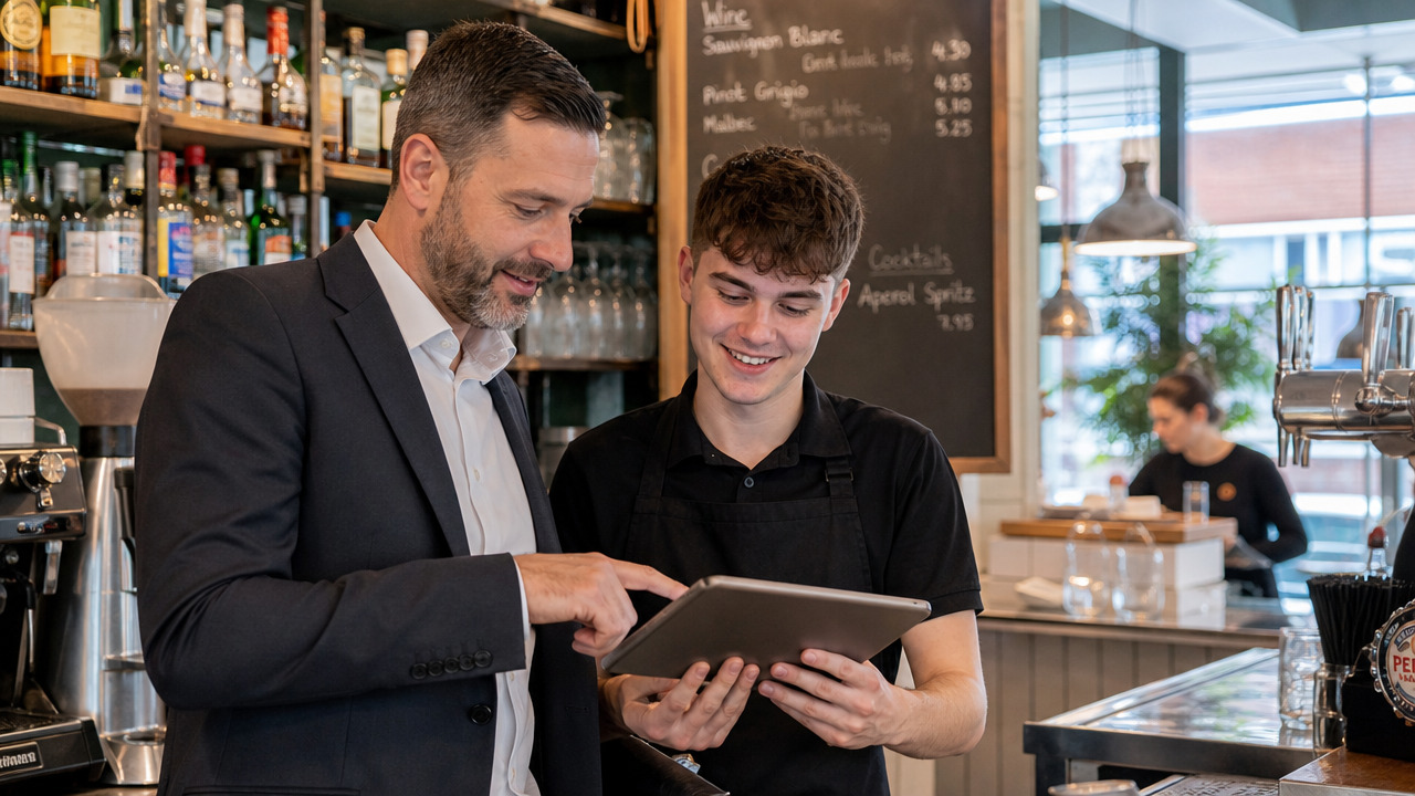 Restaurant manager and young waiter reviewing a staff schedule on a tablet behind the counter of a busy cafe-bar