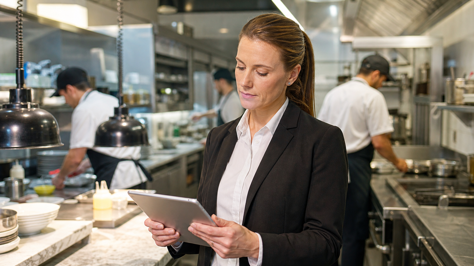 Restaurant manager reviewing staff roster on a tablet in a commercial kitchen