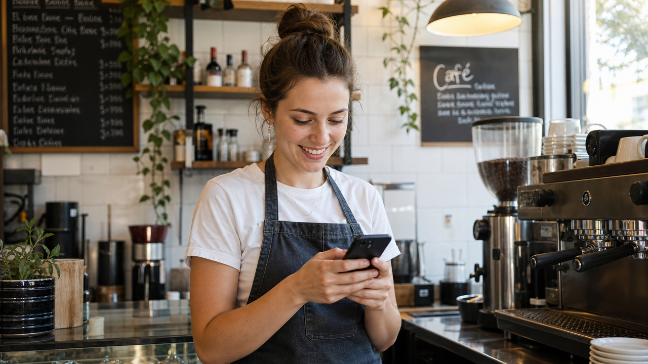 A cafe worker in an apron checks the work schedule and a team message on a smartphone during a shift