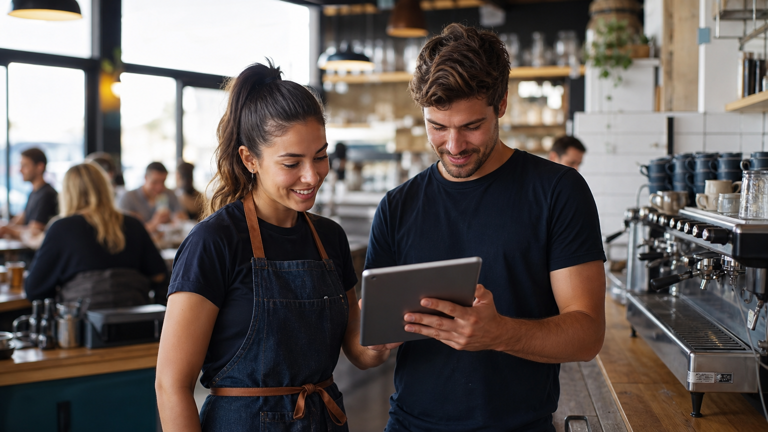 Two hospitality workers reviewing a weekly staff roster on a tablet during a cafe shift change