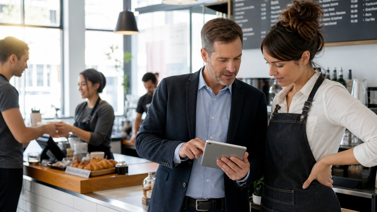 Cafe manager and barista reviewing a tablet together during a busy shift