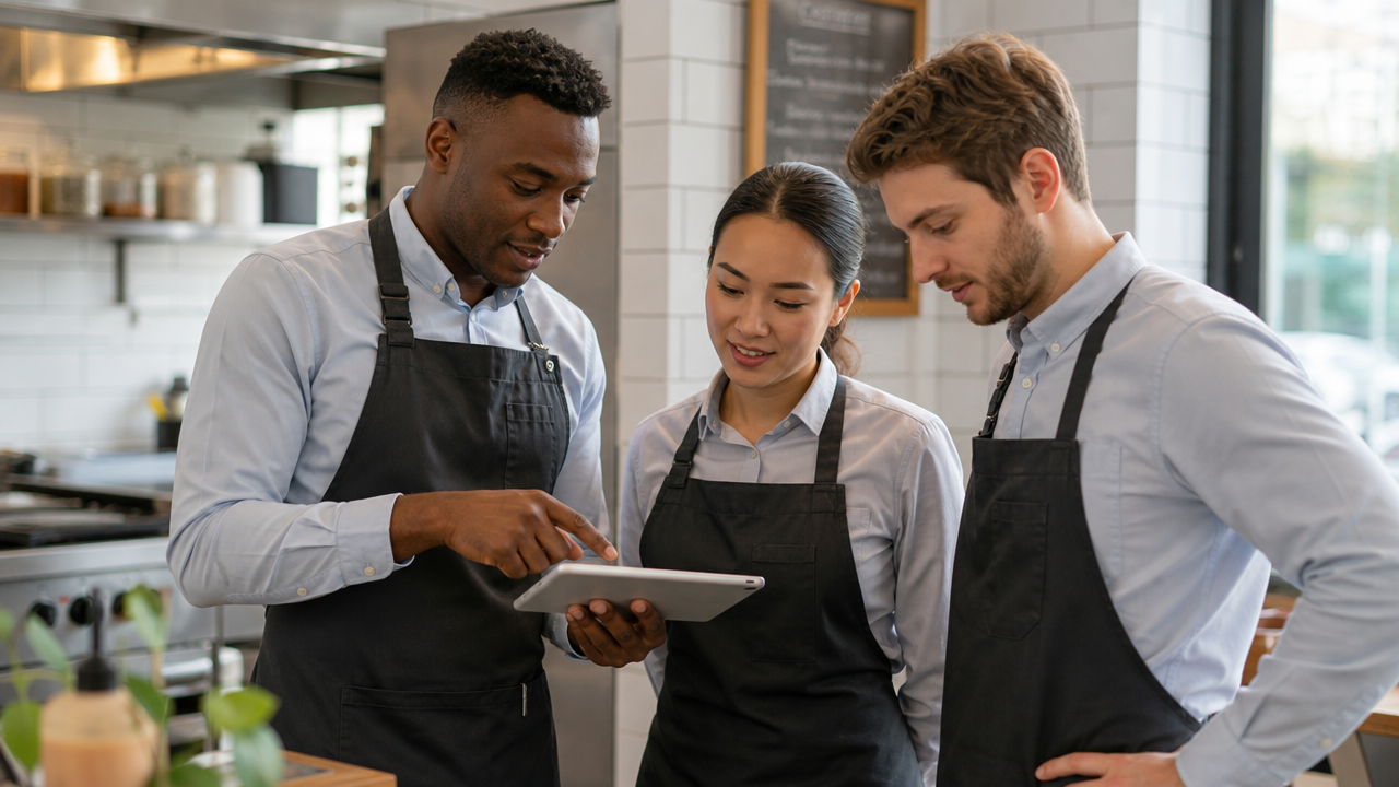 Hospitality team gathered around a tablet during a pre-shift huddle in a cafe kitchen
