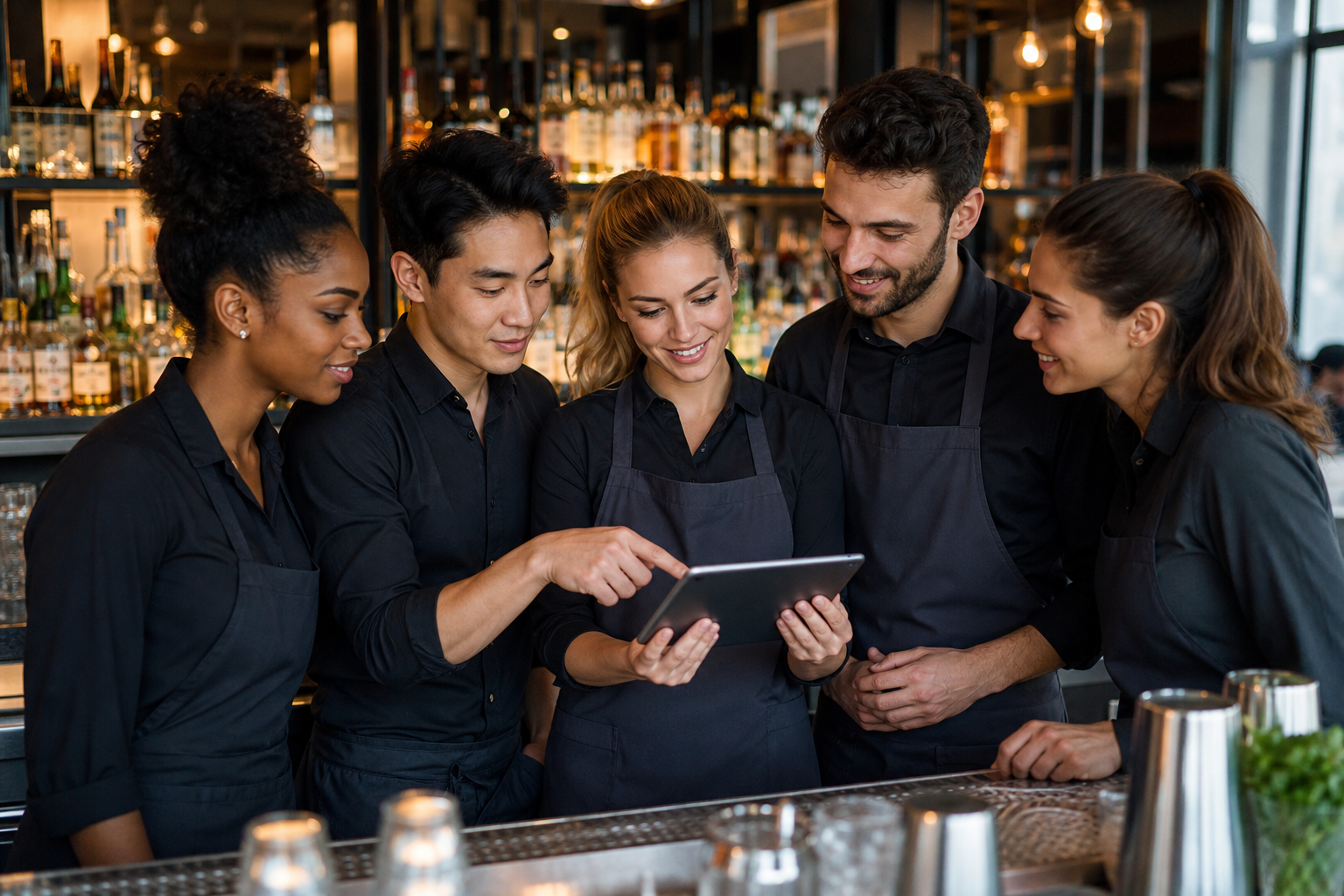 Bar team members reviewing a shift schedule together on a tablet