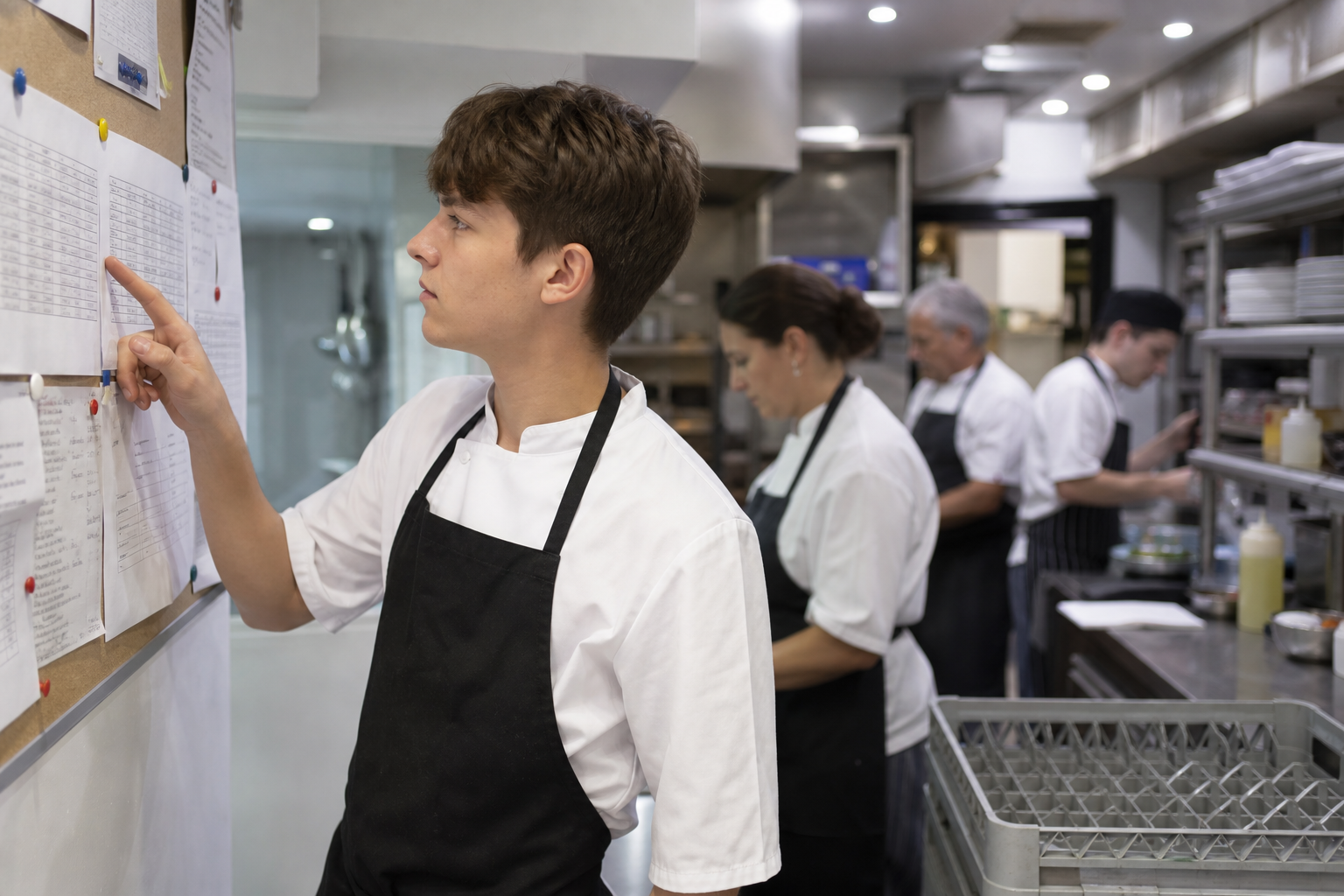 Young hospitality worker reviewing a staff rota on a noticeboard in a restaurant kitchen