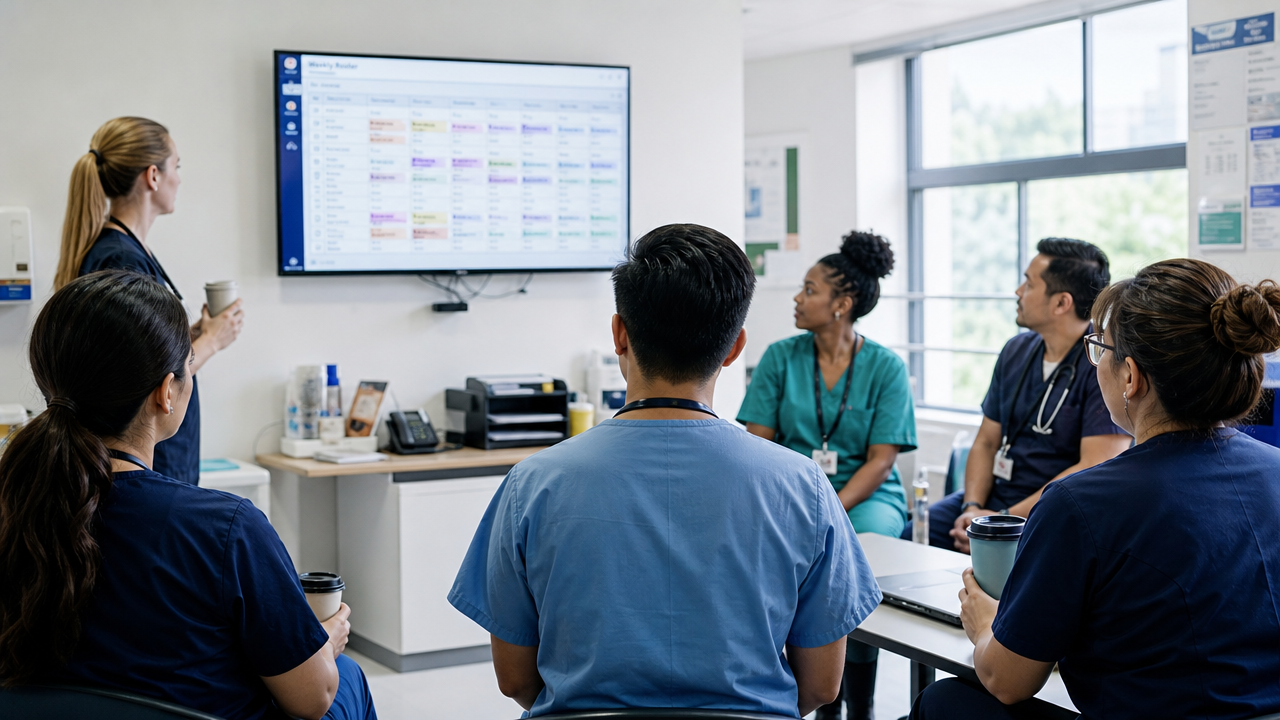 A diverse group of nurses in a staff room during a shift handover meeting, reviewing a shared digital roster on screen