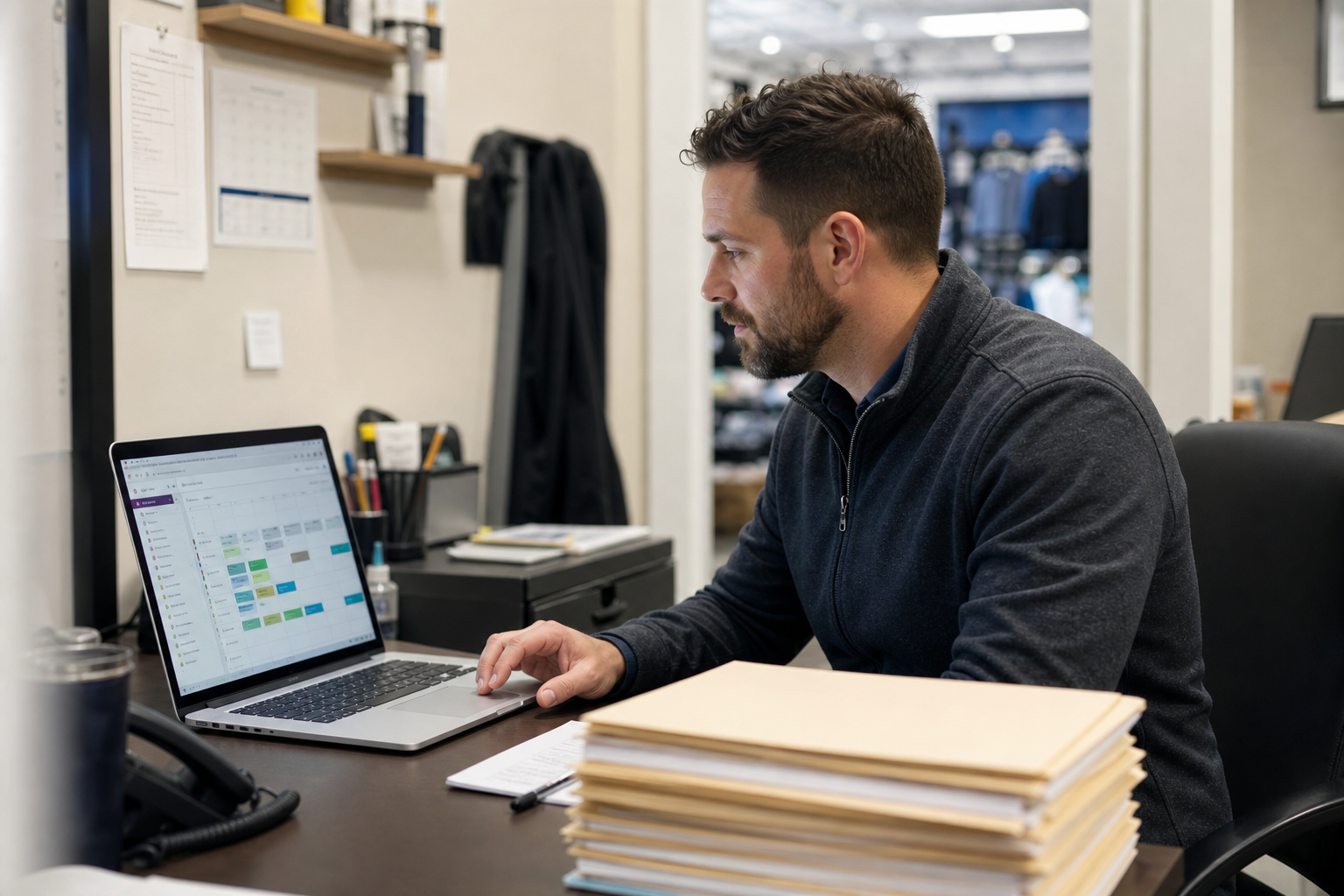 Retail store manager checking staff scheduling details on a laptop at a back-office desk
