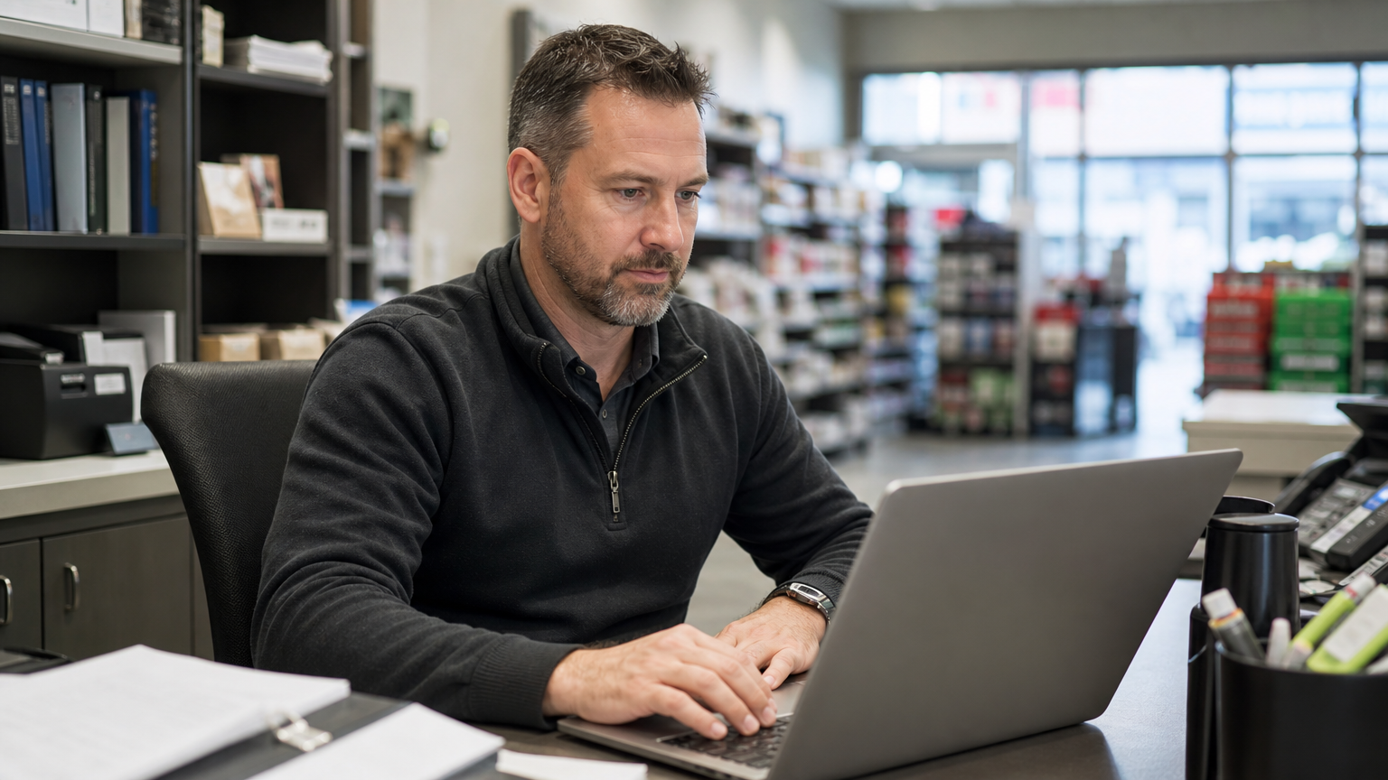 Retail operations manager reviewing labor and payroll reports on a laptop in a store back office