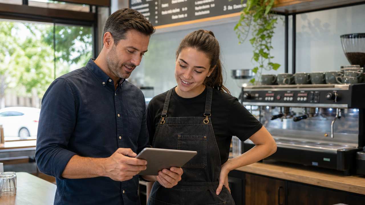 A cafe manager and team member reviewing a weekly staff schedule on a tablet at the counter