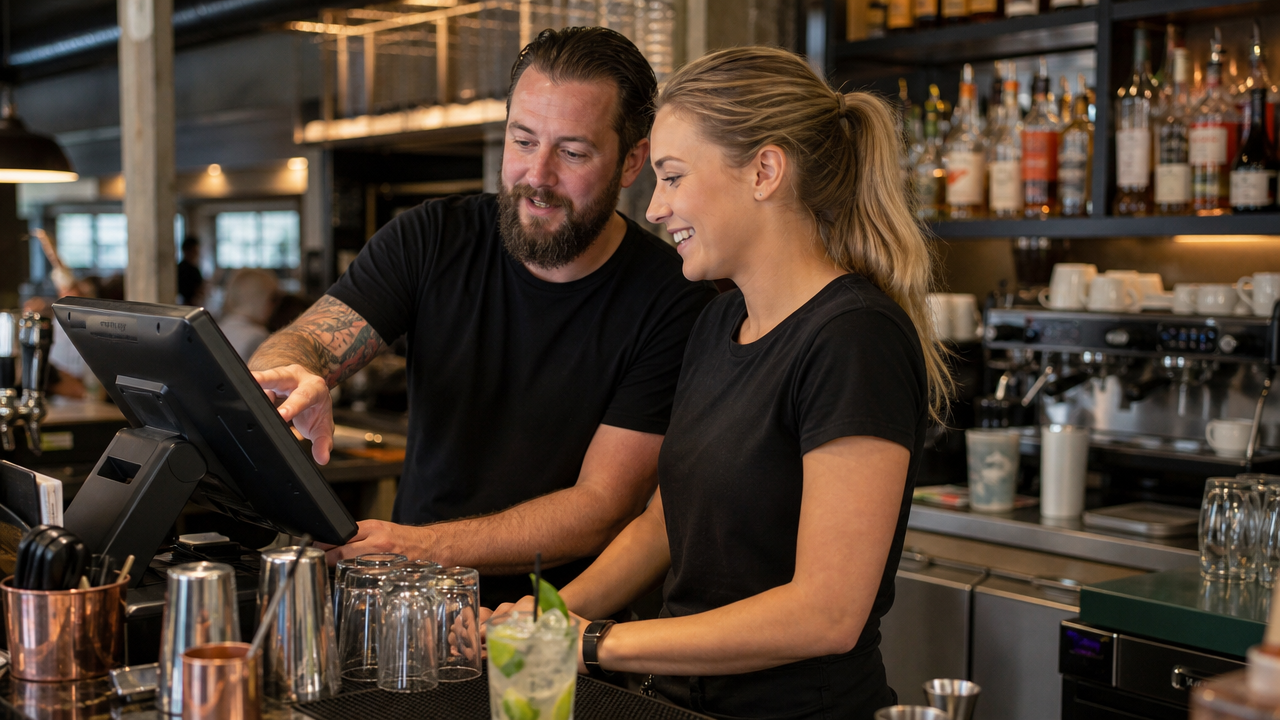 An experienced bar staff member showing a new starter how to use the till behind a busy restaurant bar