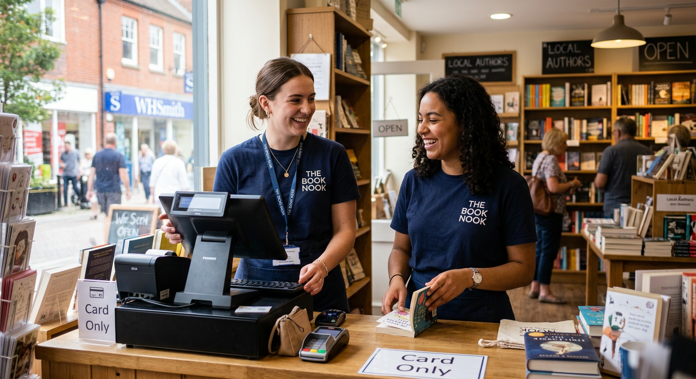 Retail sales assistant in a casual uniform helping a colleague behind the till of a small high-street shop