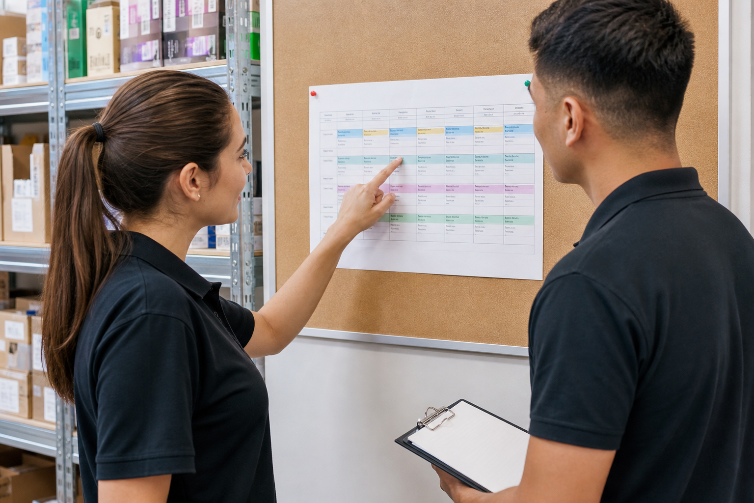 Retail employees reviewing a weekly rota in a stockroom