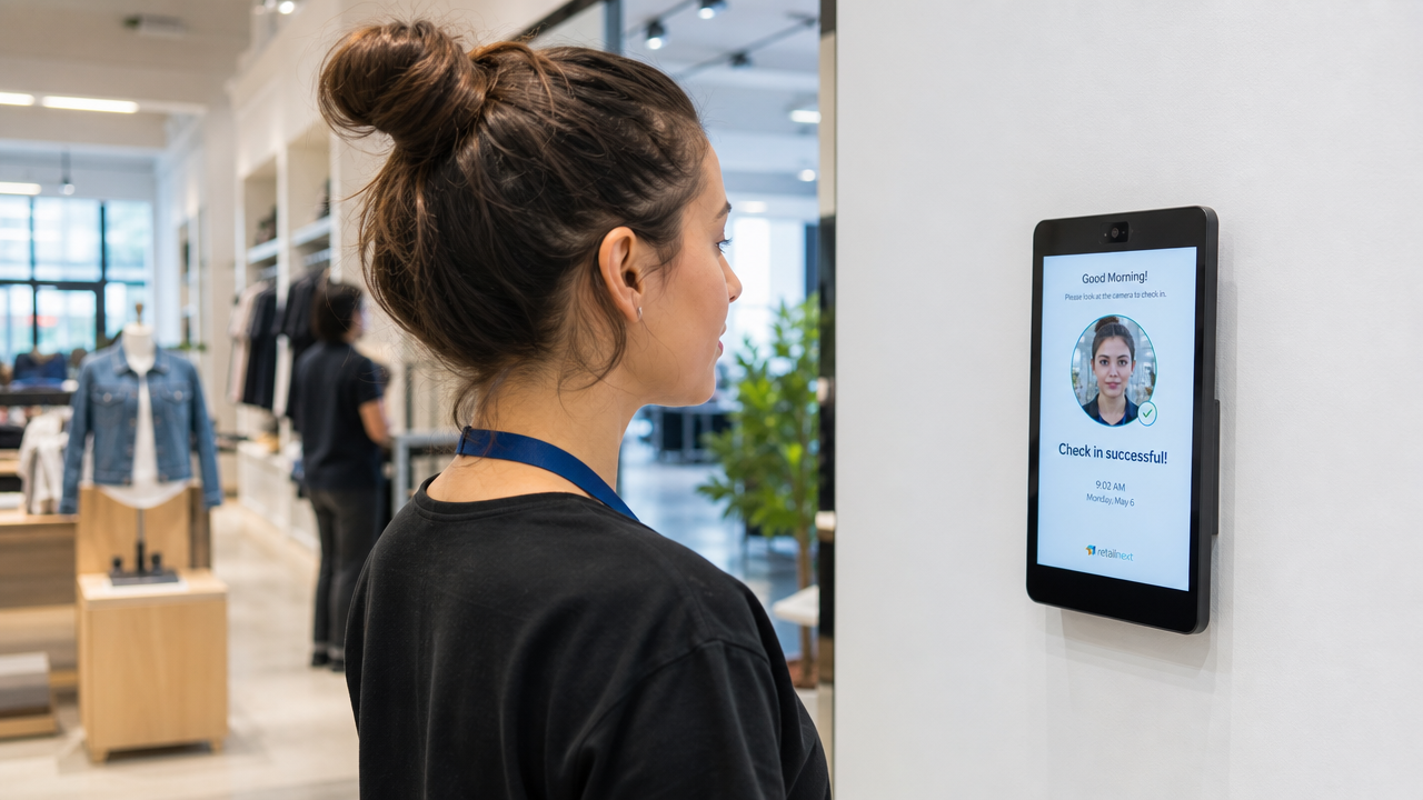 Retail employee using a wall-mounted tablet kiosk with facial recognition to clock in for their shift
