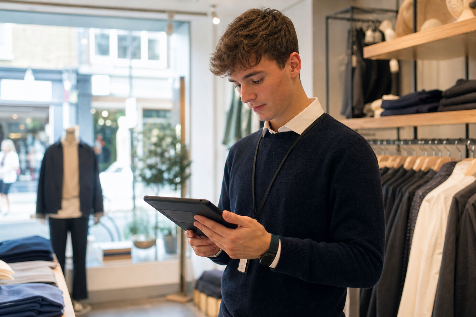 Retail worker checking schedule on tablet in a UK clothing store