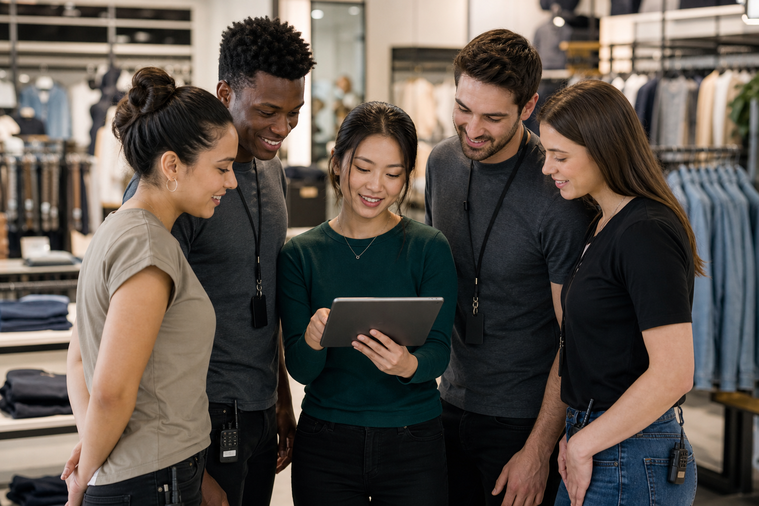 Retail team reviewing weekly schedule together on a tablet