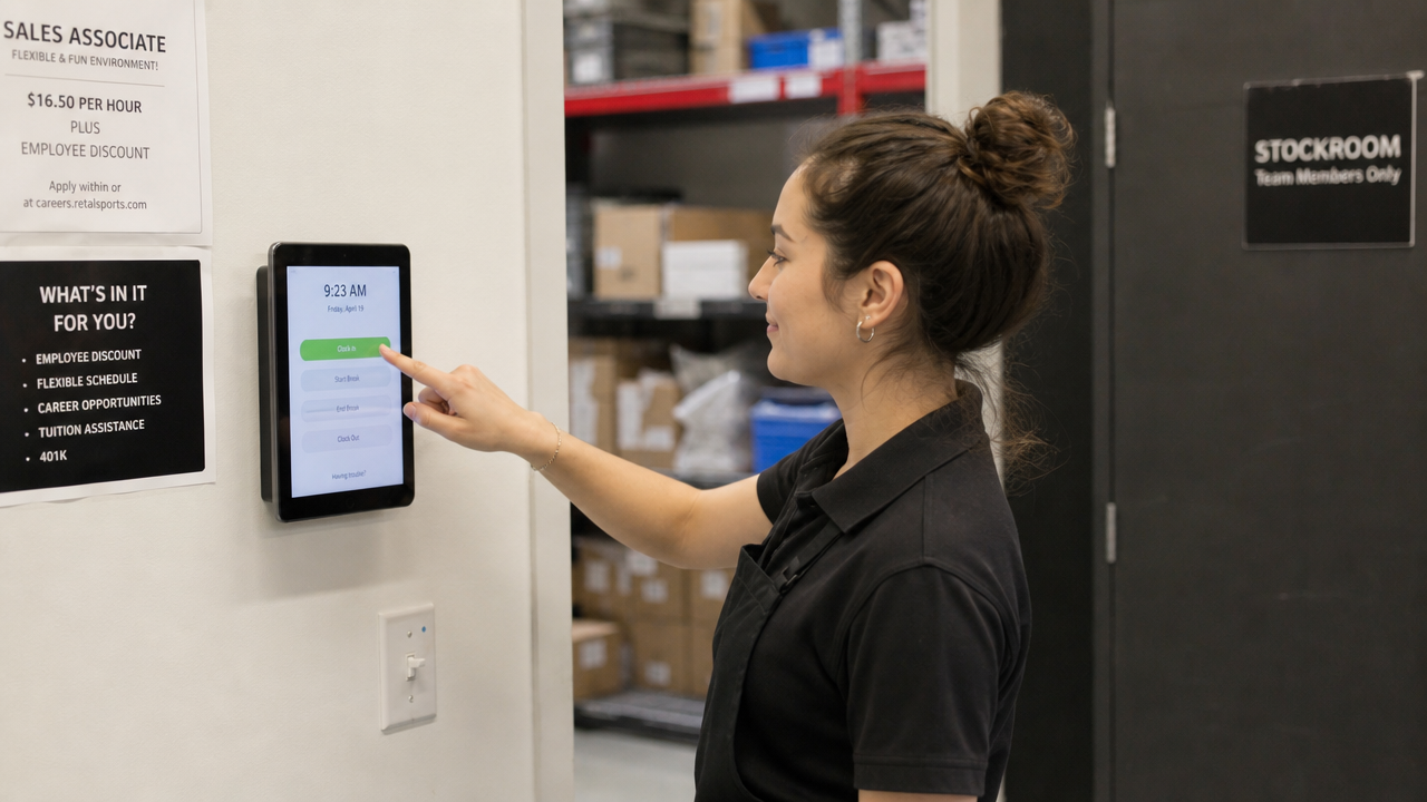 Retail shop worker clocking in on a wall-mounted tablet time clock near the stockroom