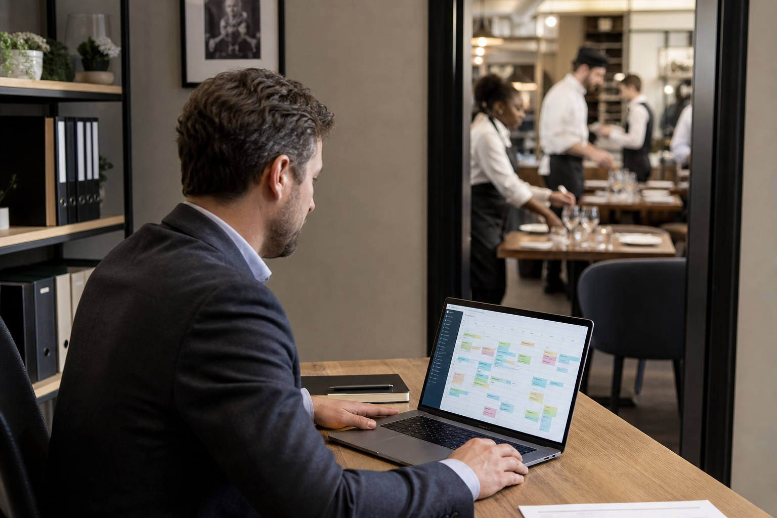A hospitality manager reviewing a digital staff rota on a laptop in a restaurant office