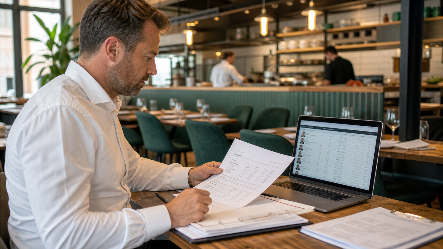 Restaurant manager reviewing payroll records on a laptop