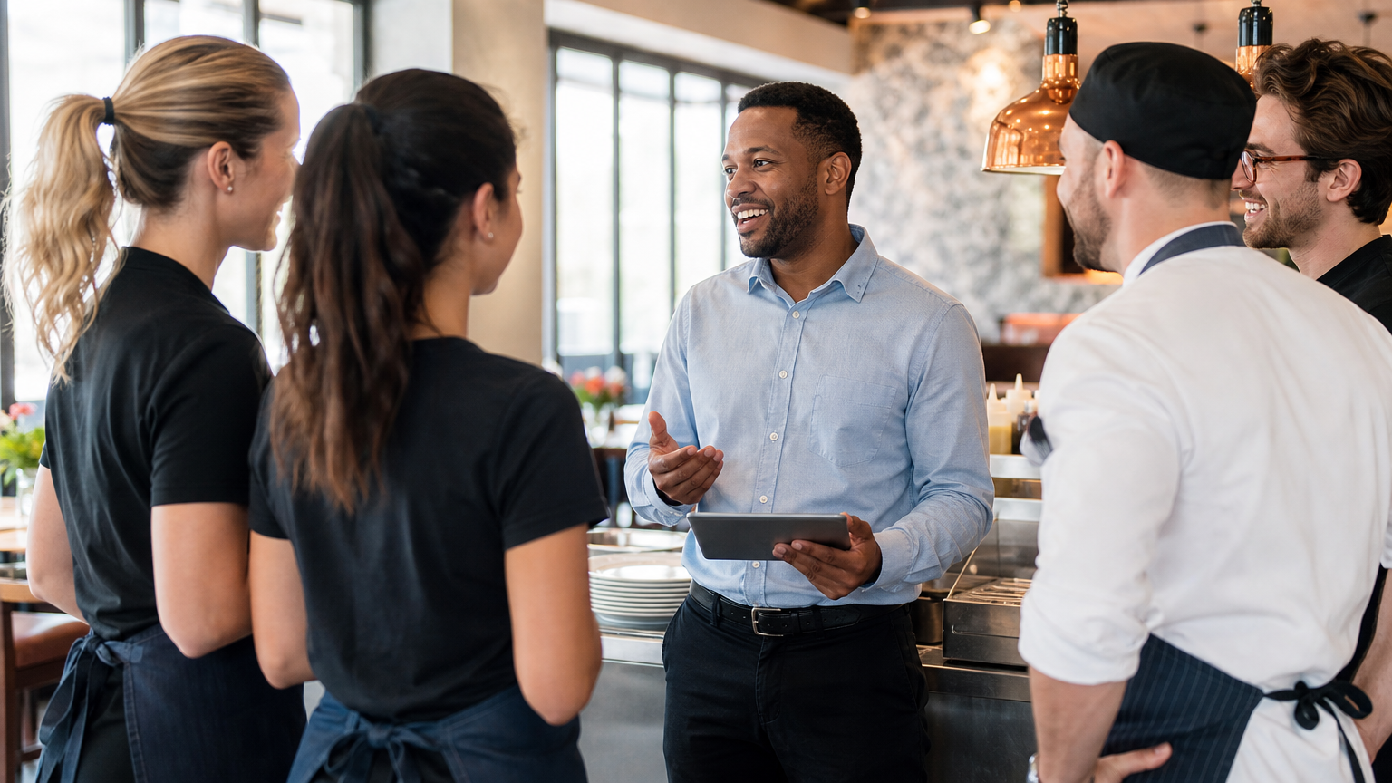 Restaurant team gathered for a pre-shift briefing with a manager, servers, and a cook