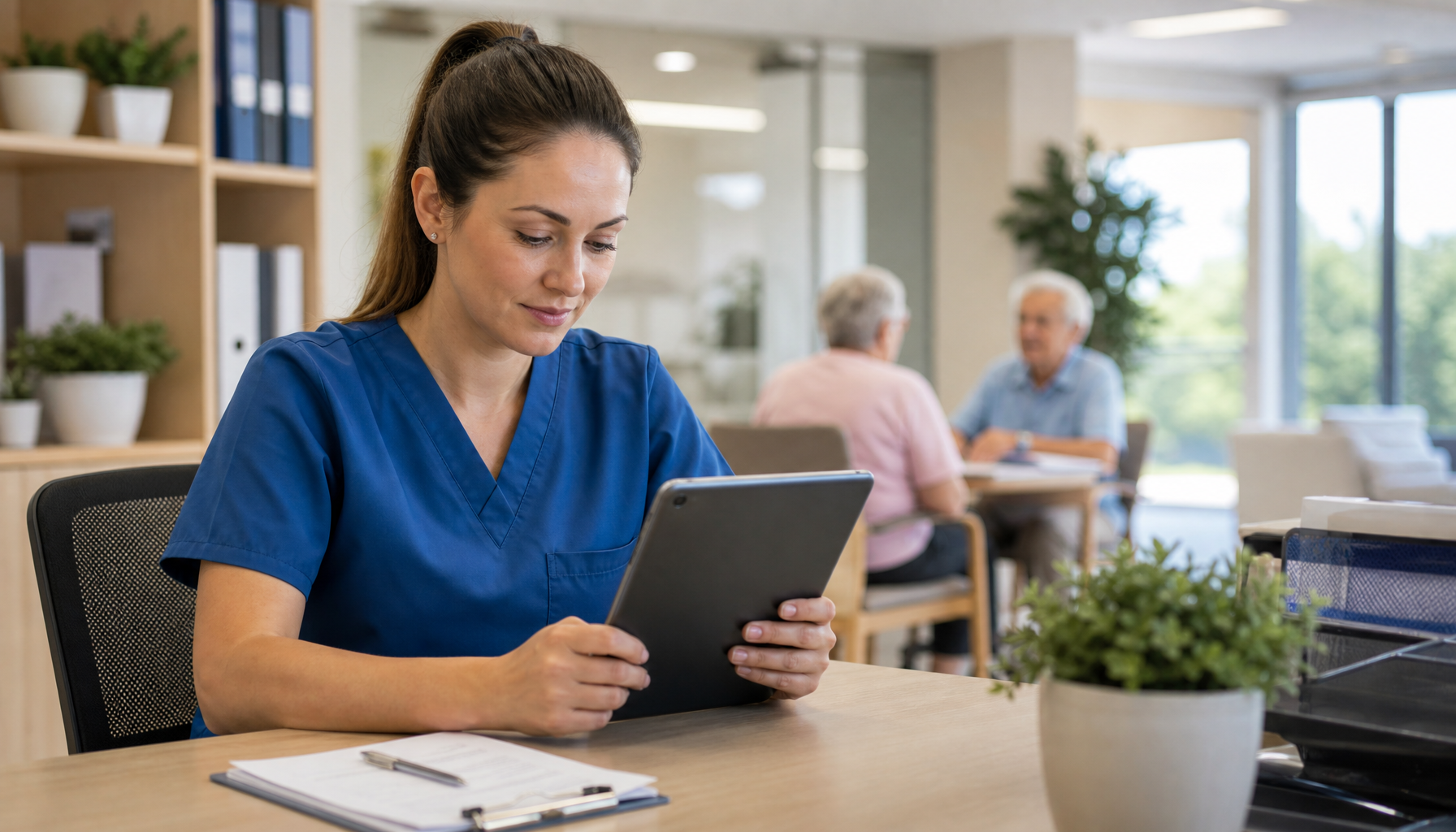 Aged care manager reviewing a staff roster and leave schedule on a tablet in a modern facility office