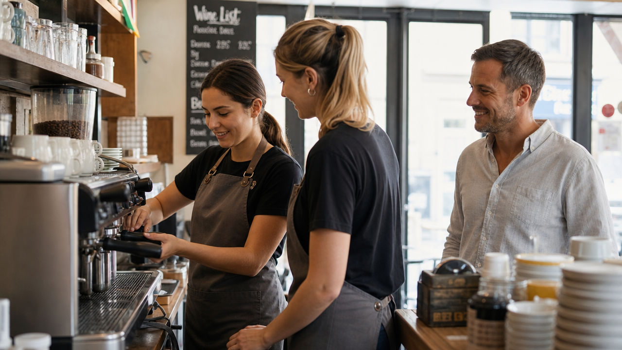 Barista training a new hire on an espresso machine in a UK cafe