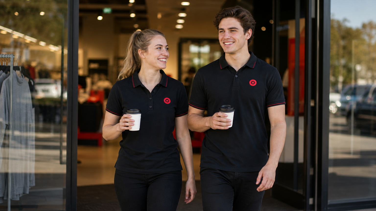 Two young retail workers arriving at an Australian store for the start of their shift