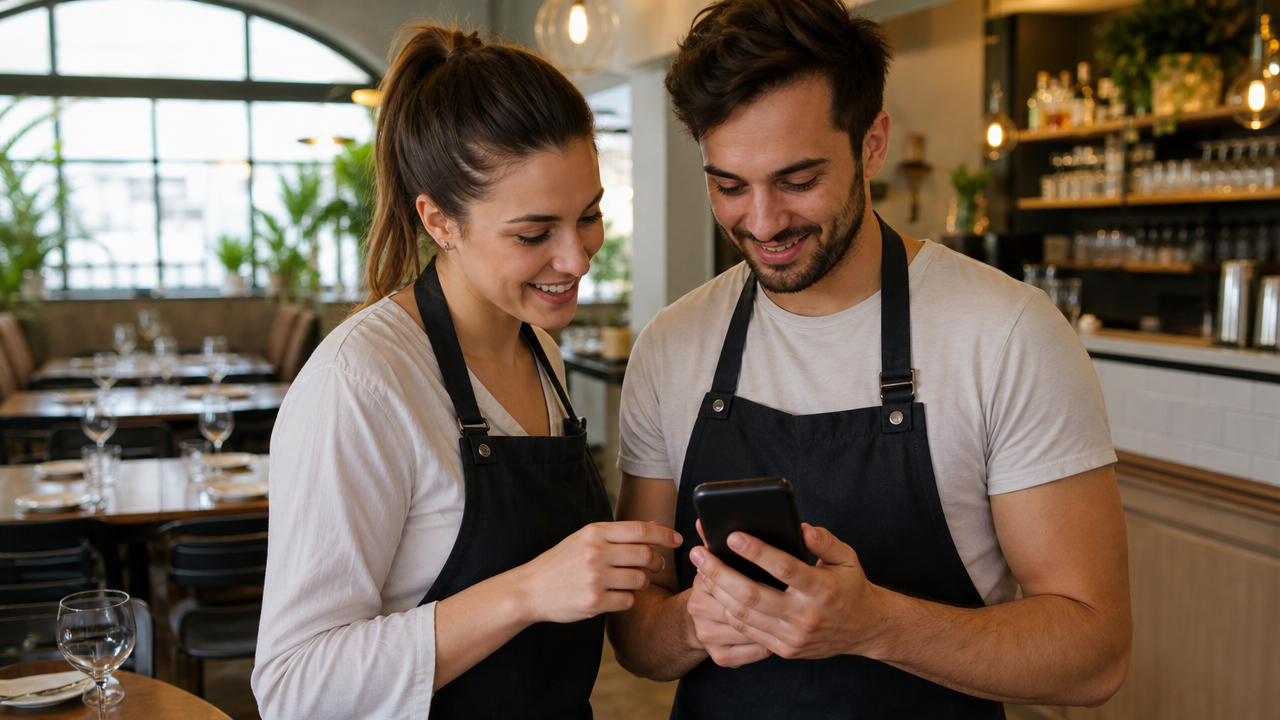 Two hospitality workers in aprons checking their shifts on a smartphone in a restaurant