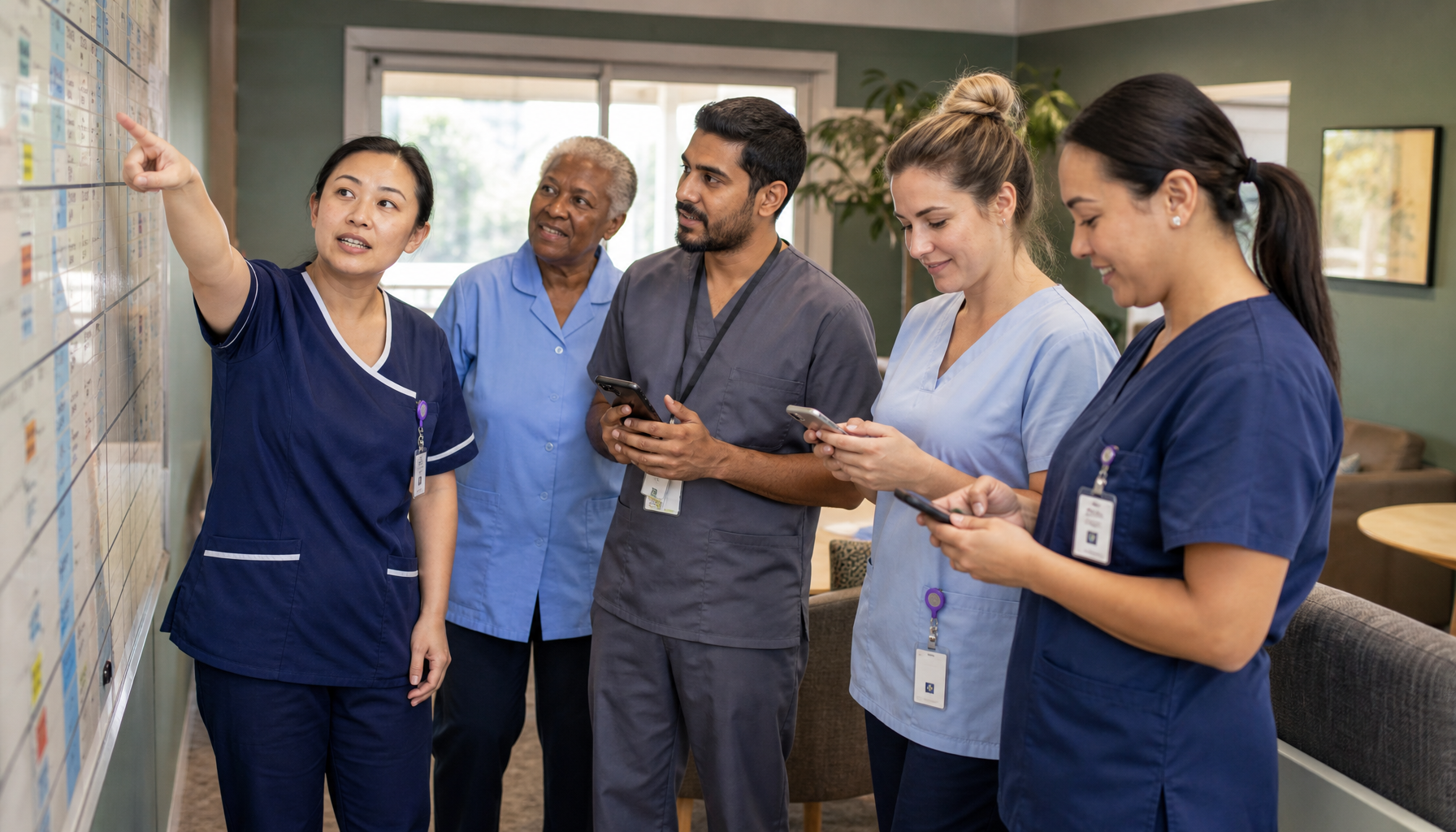 Aged care team reviewing the shift roster together in a staff room
