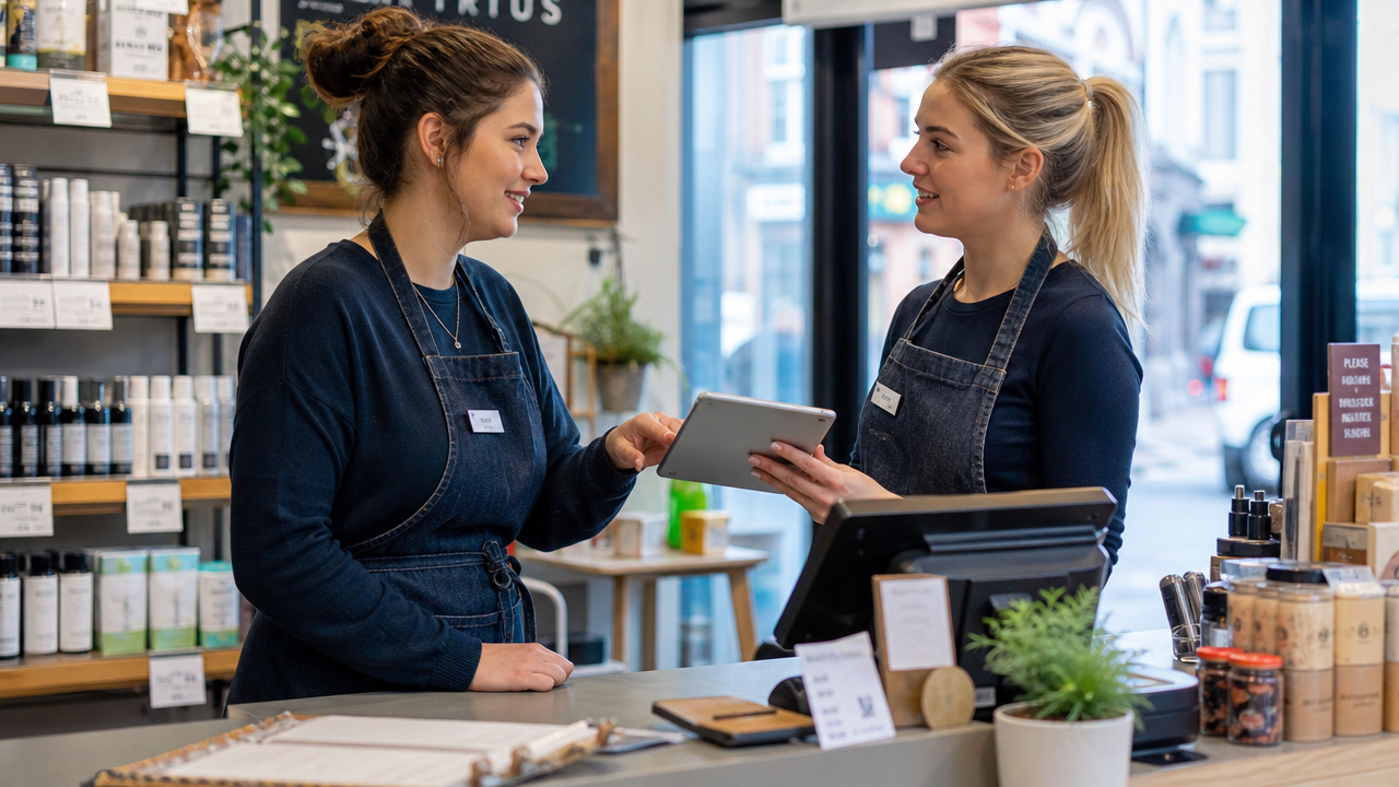 Two retail workers doing a shift handover at the counter, one arriving and one finishing, reviewing notes on a tablet