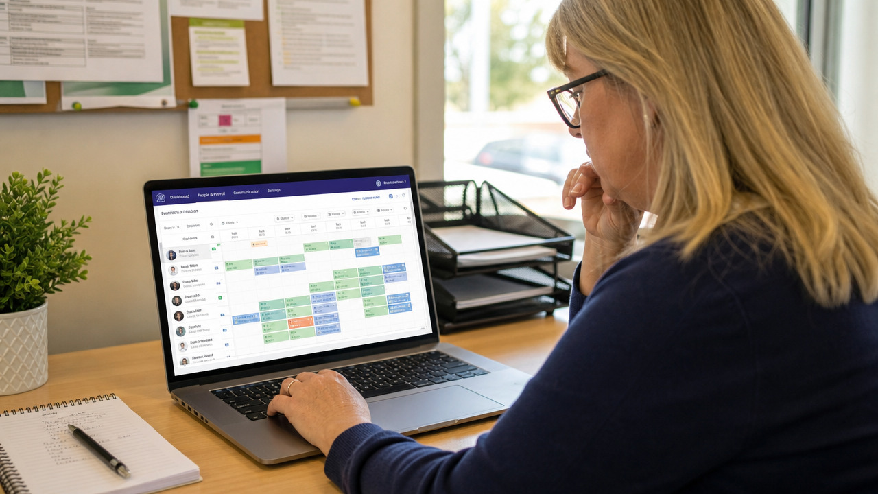 Aged care operations manager reviewing staff hours and labour costs on a laptop at a desk