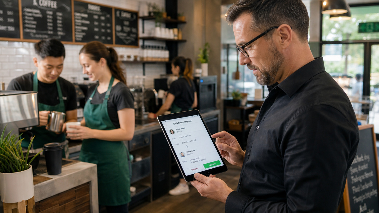 A cafe floor manager approving a shift swap request on a tablet while baristas work in the background