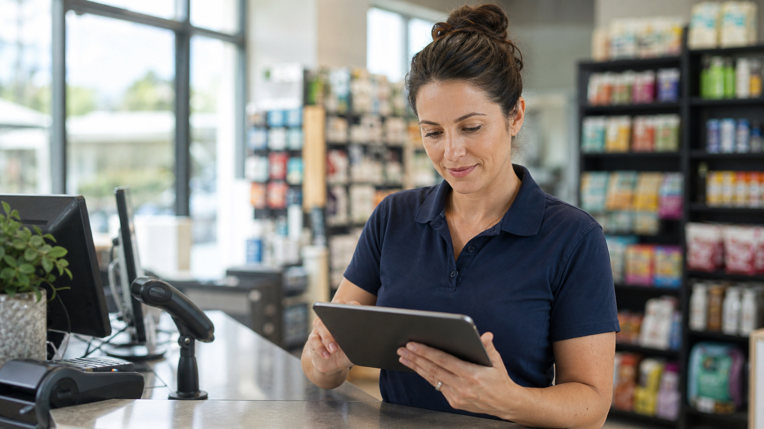 Retail store manager reviewing employee timesheets on a tablet at a checkout counter