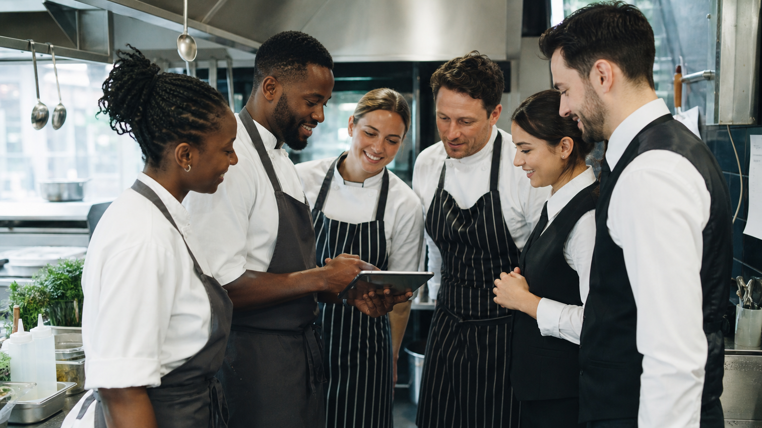 Restaurant team reviewing tip distribution on a tablet in a kitchen setting