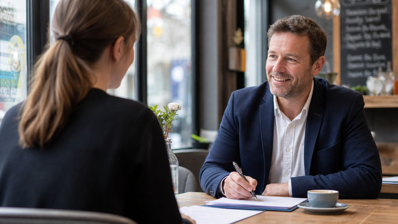 Hospitality manager in a café conducting a job interview with a young candidate at a small table