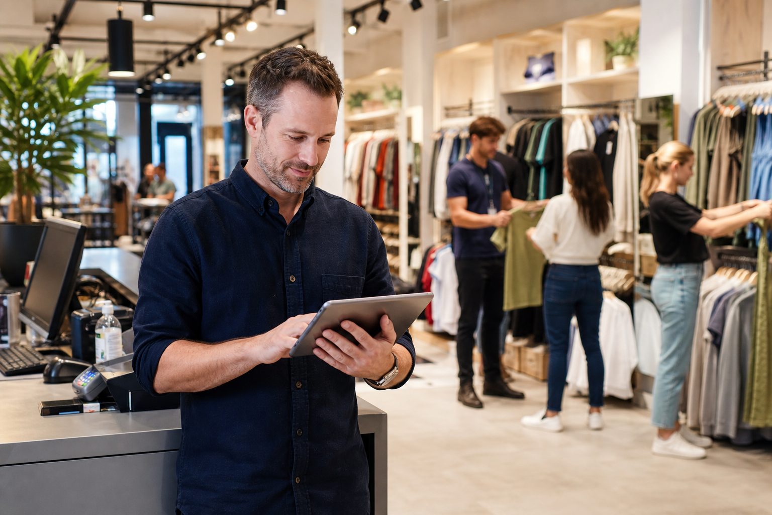 Retail store manager reviewing a digital roster on a tablet at the checkout counter