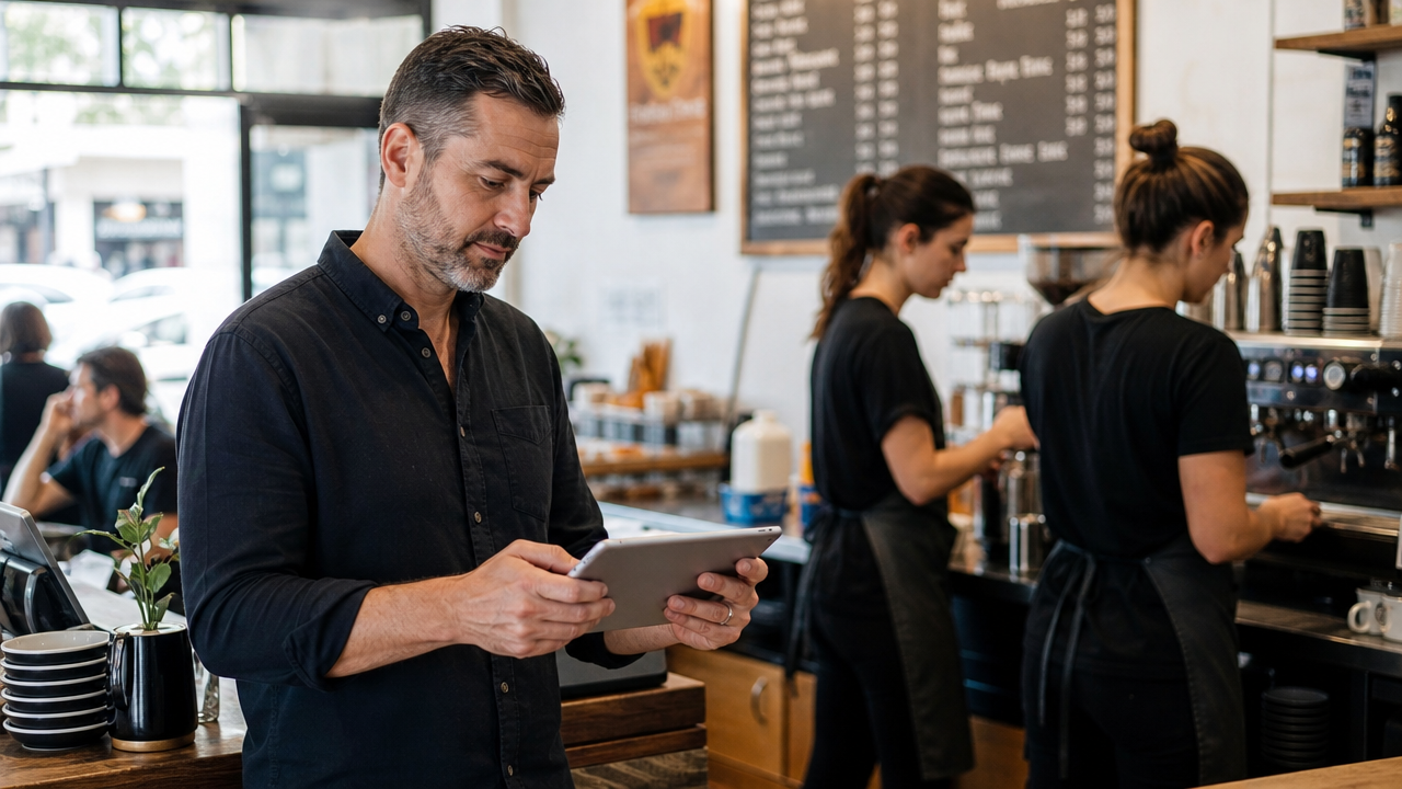 A cafe manager reviewing a weekly staff roster on a tablet at the counter during a busy morning coffee service