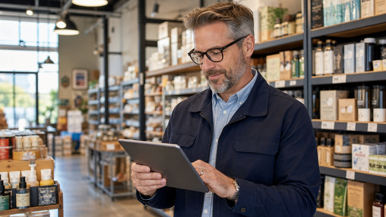 Small business manager using a tablet to approve employee timesheets in a retail store setting