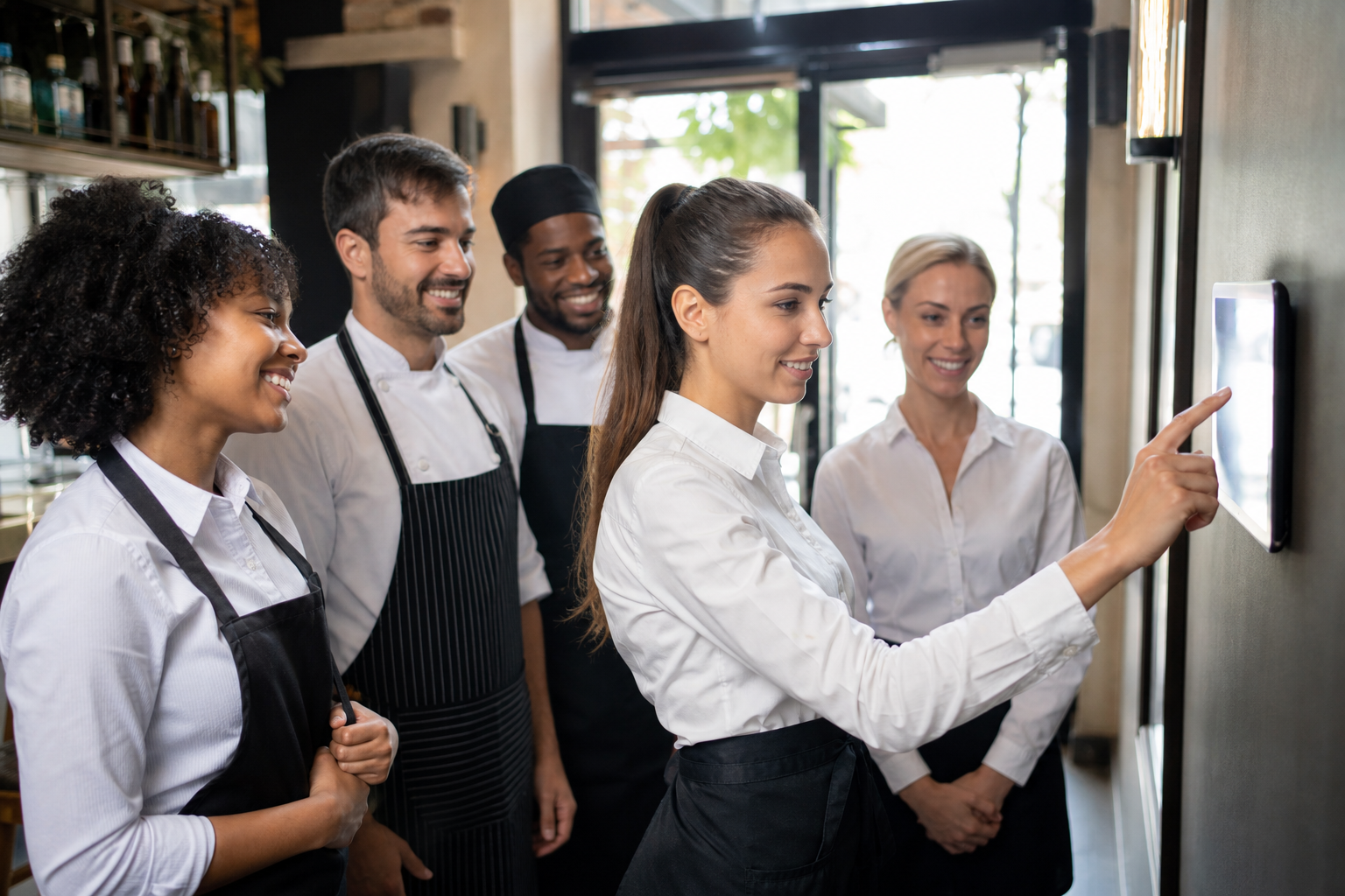Restaurant staff clocking in for their shift on a shared tablet