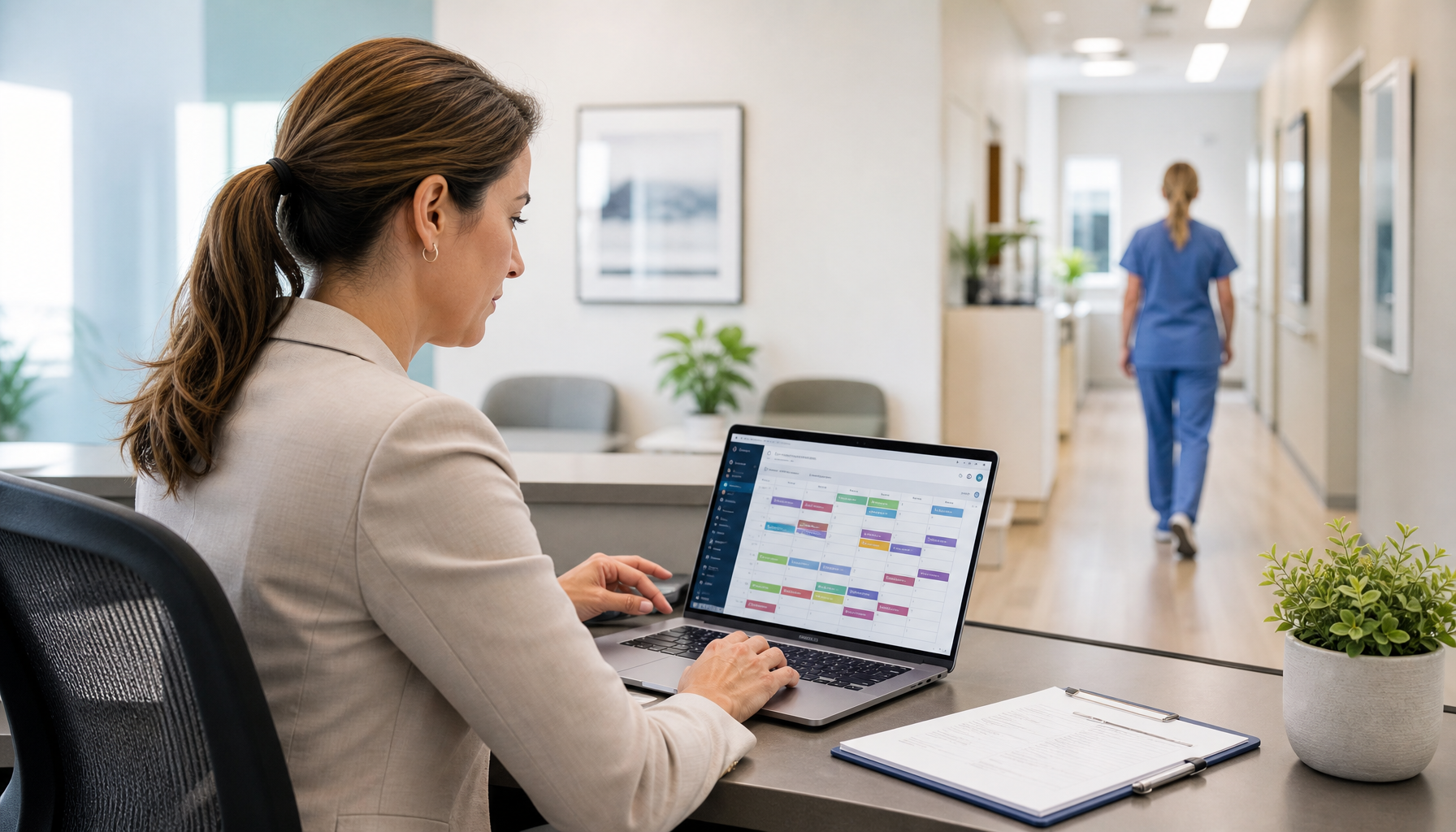 Healthcare practice manager reviewing staffing schedules on a laptop in a modern medical office
